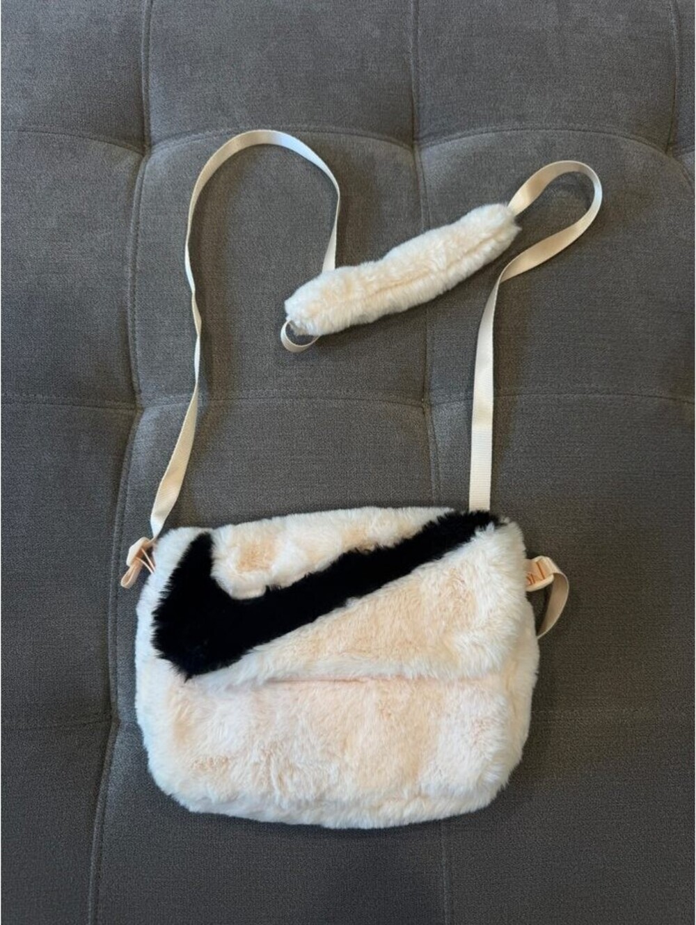 Nike Faux Fur Crossbody Bag Pink Black Swoosh Fuzzy Purse